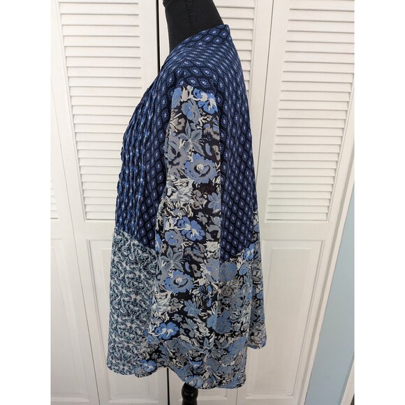 Ulla Popken Top Women's 16/18 Cottagecore Boho Blue Floral Pleats Button Tunic - Picture 7 of 11
